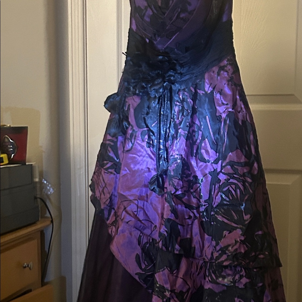 Purple & Black Strapless Satin Evening Dress